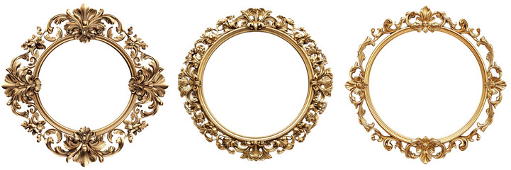 Set of a vintage gold frame ornament with intricate floral patterns isolated on transparent background