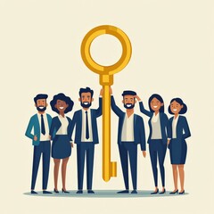 Unlocking Success Together: A diverse business team unites around a giant golden key, symbolizing teamwork and the path to shared goals. 