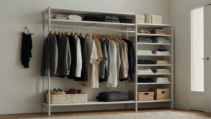 Organized minimalist closet with clean white shelves and neatly arranged clothes.