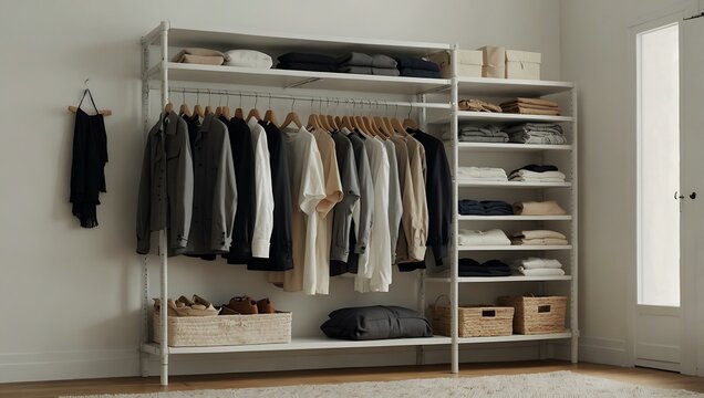 Organized minimalist closet with clean white shelves and neatly arranged clothes.