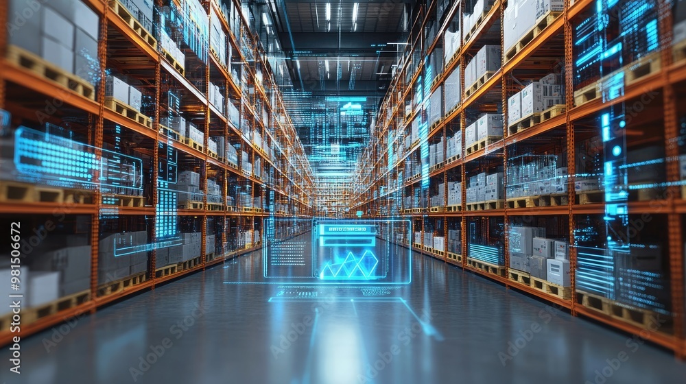 Poster a futuristic warehouse featuring advanced digital interfaces and automated systems managing inventor