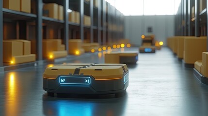 A futuristic distribution logistics center featuring AGV robots delivering cardboard boxes, with infographics illustrating automated guided vehicles (AGVs) efficiently managing goods and packages.