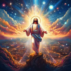 Jesus looking over the  city of electronics