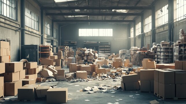 A disarrayed warehouse with boxes haphazardly piled and strewn across the floor, emphasizing the impact of poor organization on warehouse efficiency.