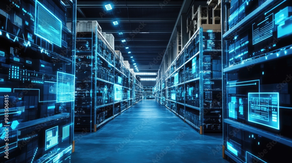 Poster a futuristic warehouse featuring advanced digital interfaces and automated systems managing inventor
