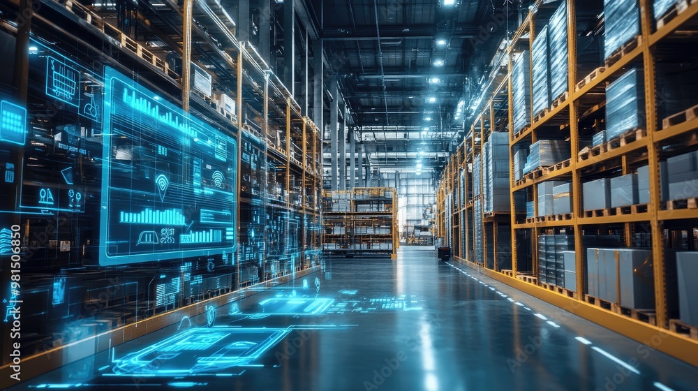 Poster a futuristic warehouse featuring advanced digital interfaces and automated systems managing inventor