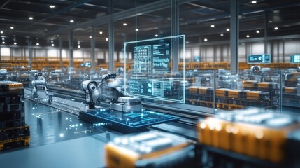 Fototapeta premium A futuristic warehouse filled with automated robots and digital interfaces on transparent screens, symbolizing advanced technology and efficient logistics in action.