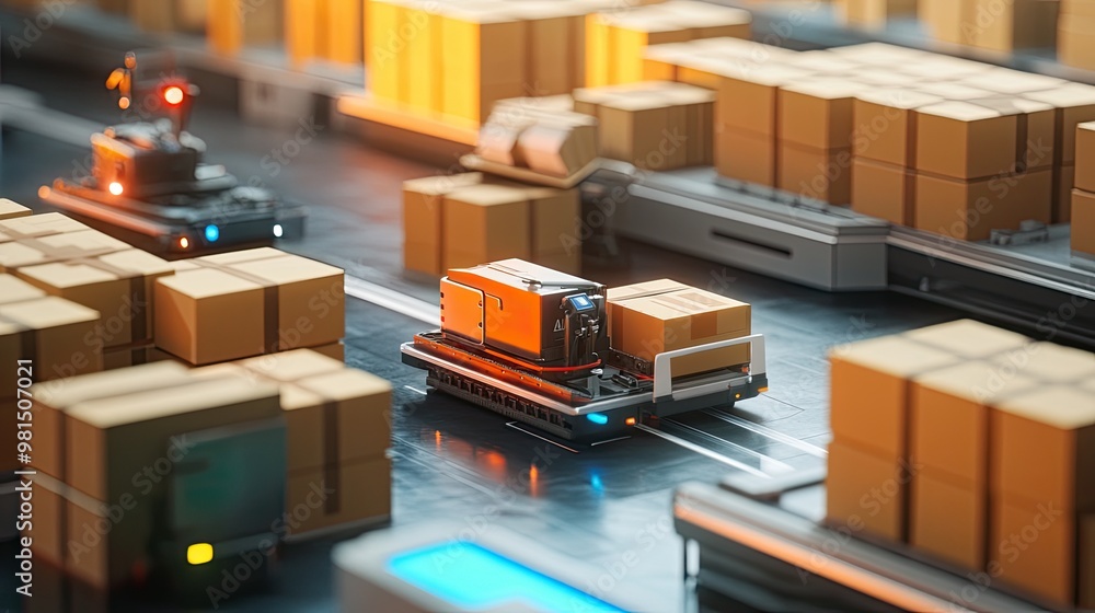 Poster a high-tech logistics center with agv robots moving cardboard boxes and products, enhanced by infogr