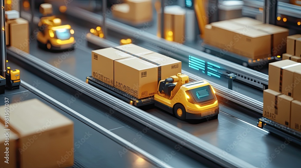 Poster a high-tech logistics center with agv robots moving cardboard boxes and products, enhanced by infogr