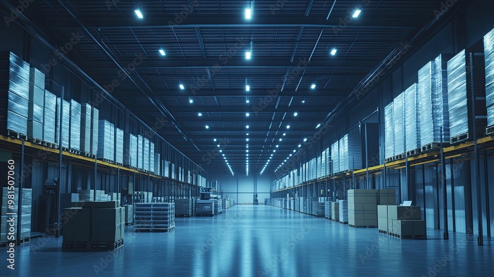 Poster a high-tech warehouse with automated systems and robotic arms handling inventory, showcasing modern 