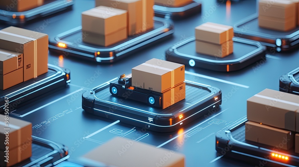 Poster a high-tech logistics center with agv robots moving cardboard boxes and products, enhanced by infogr