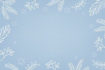 Festive winter blue background with a frame with white branches and berries painted by hand