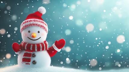 Fototapeta premium Weihnachtsbanner, Schneemann mit rotem Schal und MÃ¼tze auf tÃ¼rkisfarbenen Hintergrund mit Platz fÃ¼r Text transparent background
