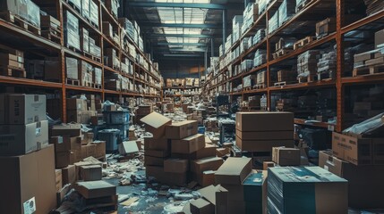 A messy warehouse environment with boxes and packages scattered throughout, showcasing the challenges of keeping a large storage area orderly and efficient.