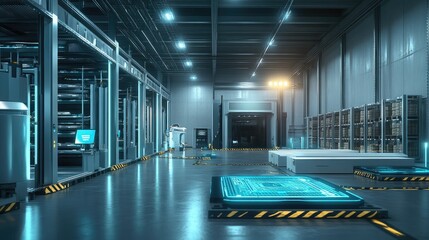 A modern warehouse equipped with interactive digital interfaces and robotics, illustrating the future of automation and efficiency in logistics operations and warehouse management.