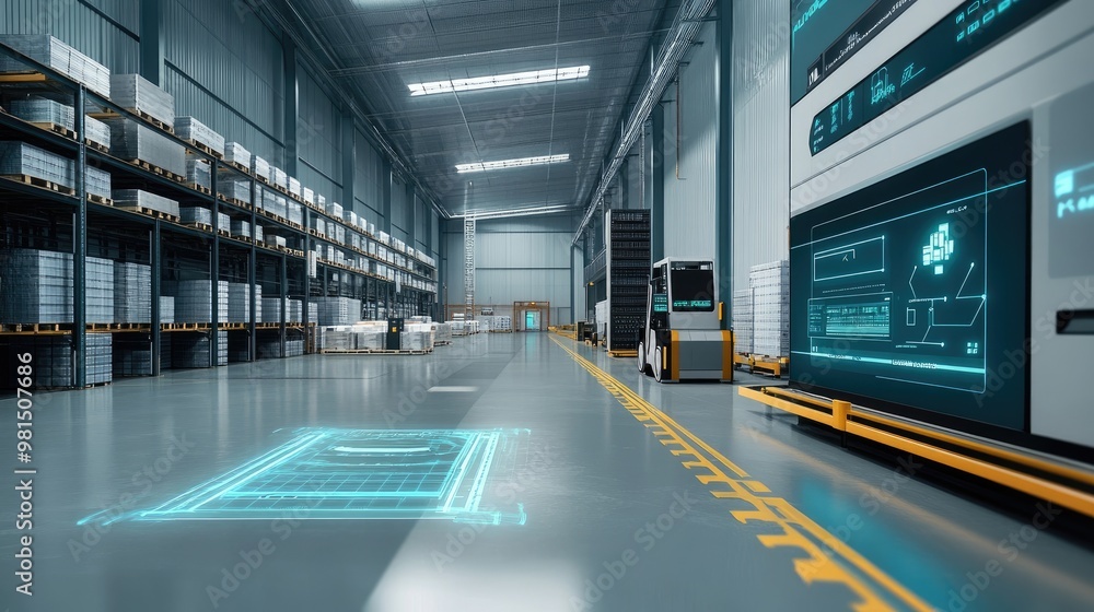 Poster a modern warehouse with interactive digital interfaces and automated machinery, showcasing the seaml