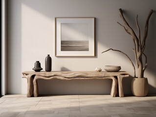 Wabi sabi and japandi japanese style rustic interior in in white and neutral with driftwood, pottery and chrome decor