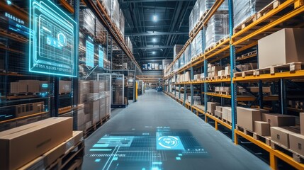 A modern warehouse with interactive digital interfaces and automated machinery, showcasing the seamless blend of technology and efficiency in futuristic logistics operations.