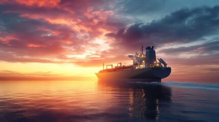Obraz premium A large cargo ship sails through the calm waters of the ocean at sunset. The ship is silhouetted against a stunningly beautiful sky, with bright clouds glowing in the last light of the sun.
