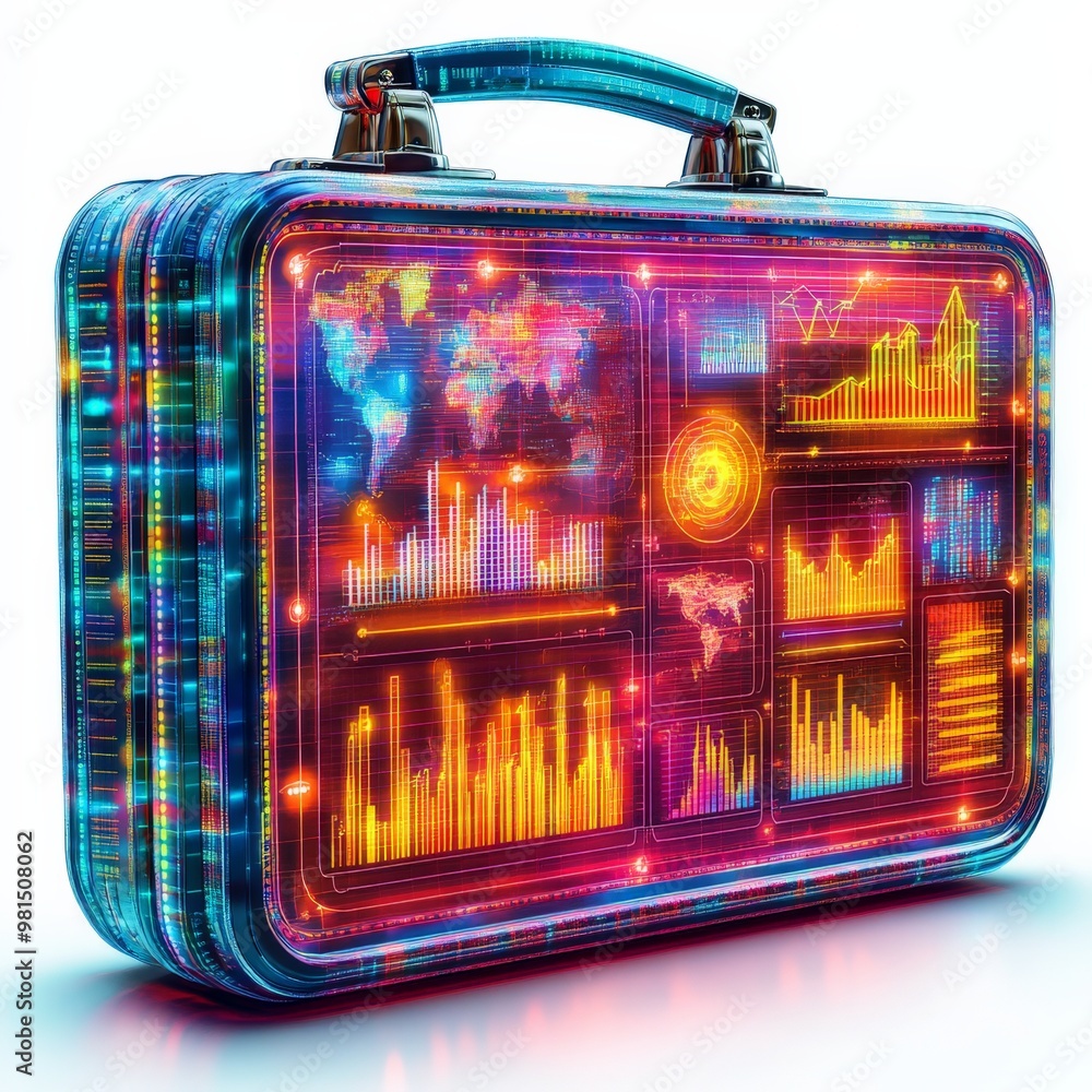 Poster Digital Briefcase of Global Insights: A sleek, futuristic briefcase pulsates with vibrant graphs, charts, and world maps, signifying the power of data-driven business in the digital age.