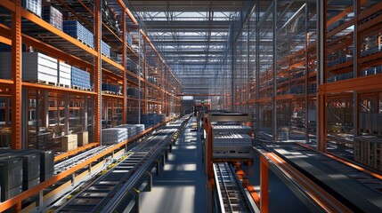 A sophisticated warehouse equipped with automated shelving and sorting systems, illustrating advanced management and the seamless integration of technology in logistics.
