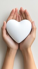 Obraz premium Delicate hands grasp a blank heart-shaped paper cutout, set against a soft studio environment with blurred green foliage creating a tranquil ambiance