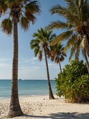 Palm trees by the beach with grey and green leaves against white sand.