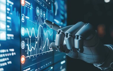 A robotic hand finger pointing at digital data charts, illustrating the integration of AI technology in a business intelligence system for marketing strategy planning. Technology concept photo.