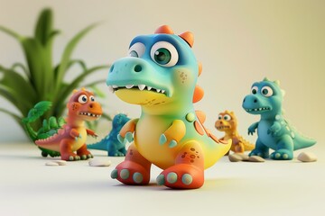 Fototapeta premium Adorable group of colorful baby dinosaurs with large expressive eyes. Cartoon-style 3D dinosaur illustration. Happy cartoon baby dinosaurs.