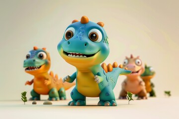 Naklejka premium Adorable group of colorful baby dinosaurs with large expressive eyes. Cartoon-style 3D dinosaur illustration. Happy cartoon baby dinosaurs.
