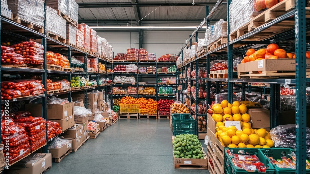 Poster a well-organized warehouse with metal shelving displaying an array of colorful fruits and packaged p