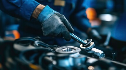Fototapeta na wymiar Close-up of a mechanic's hand in a black glove using a wrench to tighten a bolt on a car engine.