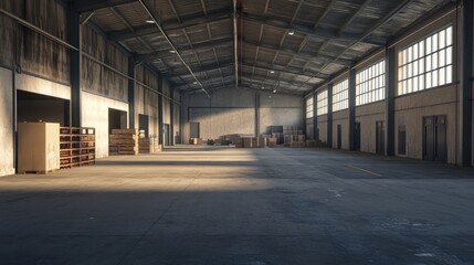 Obraz premium Alert: Ensure that the warehouse interior is free from any items or markings that could imply usage. The image should clearly convey an unused and clean space.