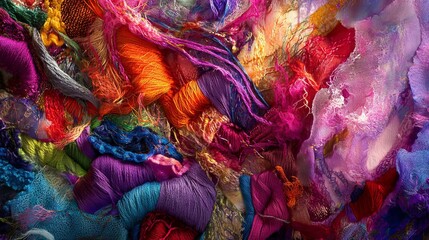 Embroidered threads weave in entangled chaos, forming a knotted masterpiece. A tale unfolds in vibrant macro, where the abstract beauty of disorder reigns supreme