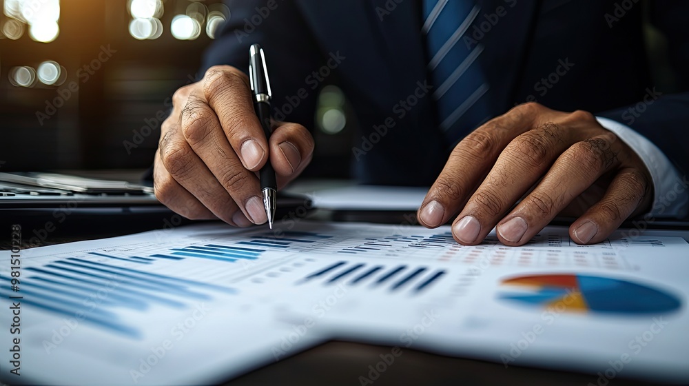 Poster a business professional analyzing data charts and graphs with a pen in hand, showcasing financial in
