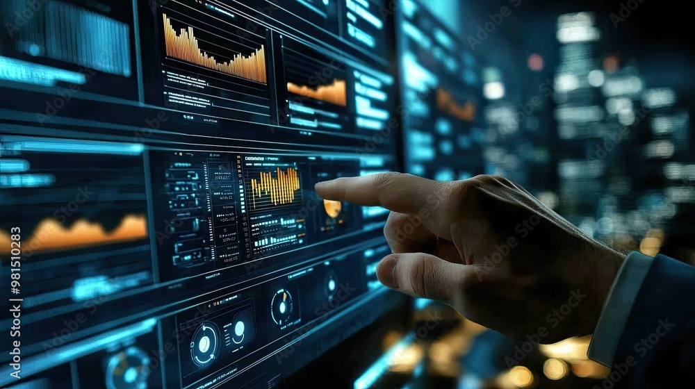 Poster a business professional interacting with futuristic data visualizations on a digital screen in a mod