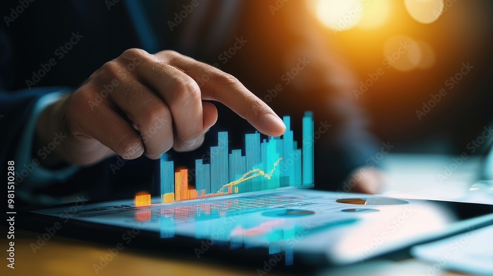 Poster a business professional analyzing data trends on a digital tablet with vibrant graphs and visualizat