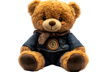 a stuffed bear wearing a denim jacket. 