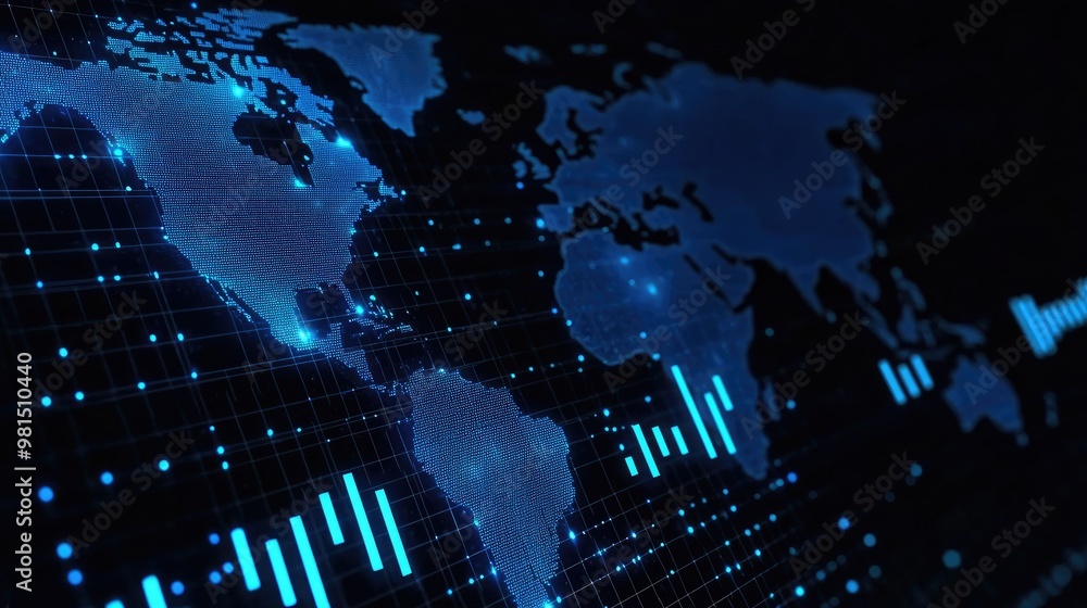 Poster a captivating digital representation of a world map with glowing blue connections and data visualiza