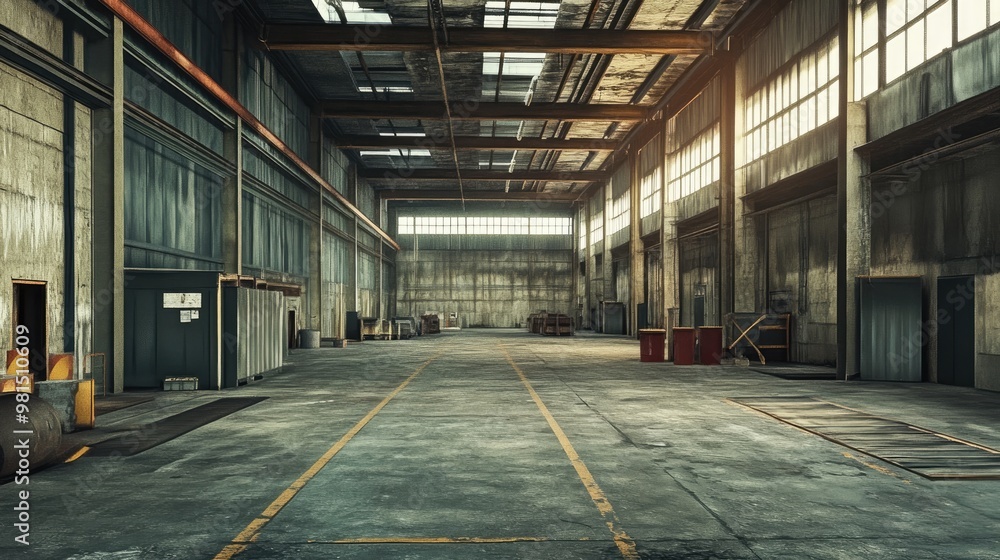 Poster caution: avoid clutter and ensure the warehouse is completely empty to maintain the intended concept