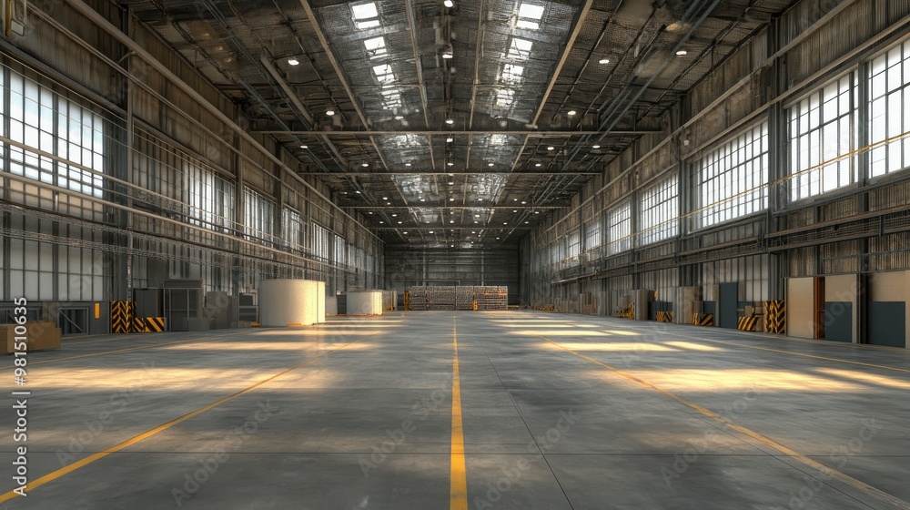 Poster caution: avoid clutter and ensure the warehouse is completely empty to maintain the intended concept