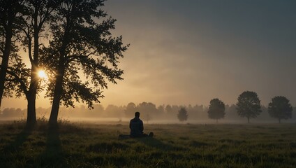 Person sitting in a misty field at dawn, reflecting solitude.