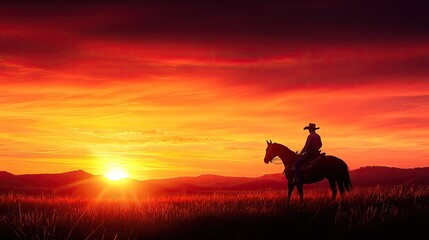 Fototapeta premium A cowboy silhouette riding a horse at sunset, surrounded by a vibrant landscape with stunning colors and serene atmosphere.