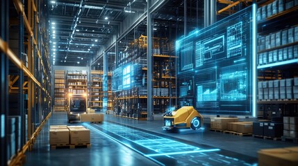Futuristic warehouse scene with advanced digital screens and automated guided vehicles (AGVs) in action, emphasizing the role of technology and innovation in optimizing logistics.