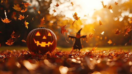 A festive Halloween scene featuring a carved pumpkin amidst falling leaves, capturing the essence of autumn celebrations.