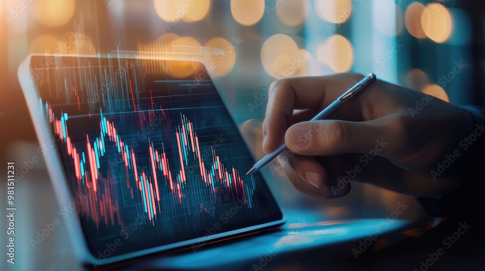 Poster a hand holding a stylus interacts with a tablet displaying financial market data with vibrant colors
