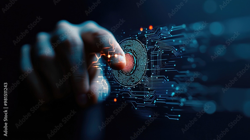 Poster a hand interacts with a digital interface, symbolizing technology and innovation in a modern setting