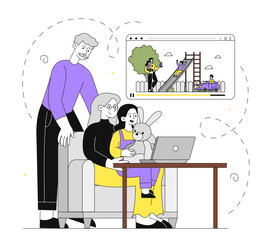 Grandparents with girl watching video. Elderly men and women with girl watching cartoon. Grandmother and grandfather spending time together with granddaughter. Linear vector illustration