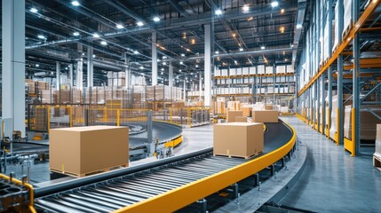 Fototapeta premium Interior of a modern warehouse with automated conveyor belts, high-tech machinery, and well-organized inventory in the background, showcasing efficiency.