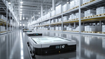 Obraz premium Modern warehouse scene with automated guided vehicles (AGVs) and digital control panels managing inventory, emphasizing the efficiency and innovation in contemporary logistics.